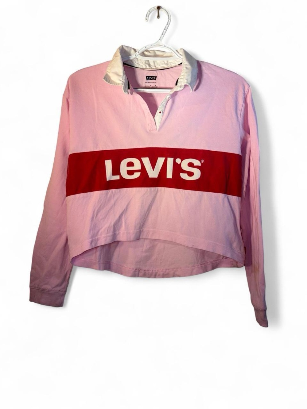 Levi's y2k Pink Long Sleeve Rugby Top with Red Logo Band